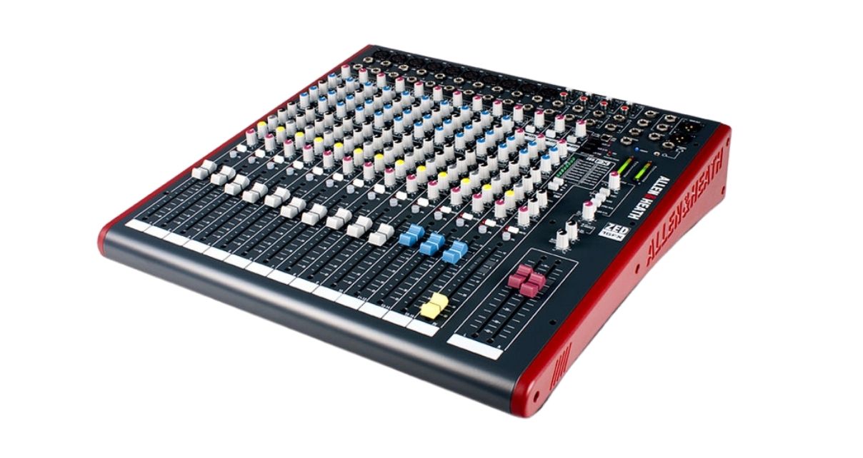 Angled front view of the Allen & Heath ZED-16FX live mixer