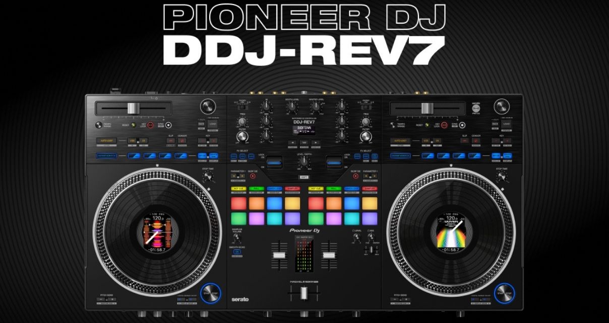 DDJ-REV7 controller on a vinyl style background