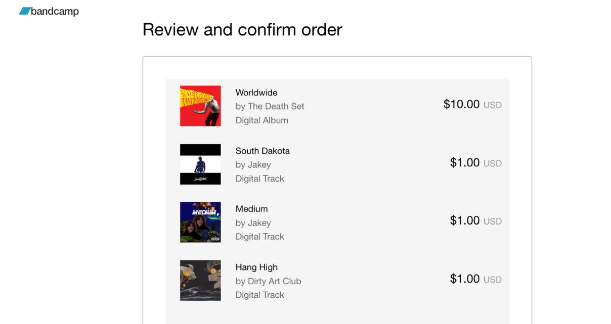 Bandcamp cart listing featuring music from Jakey, Dirty Art Club, and The Death Set