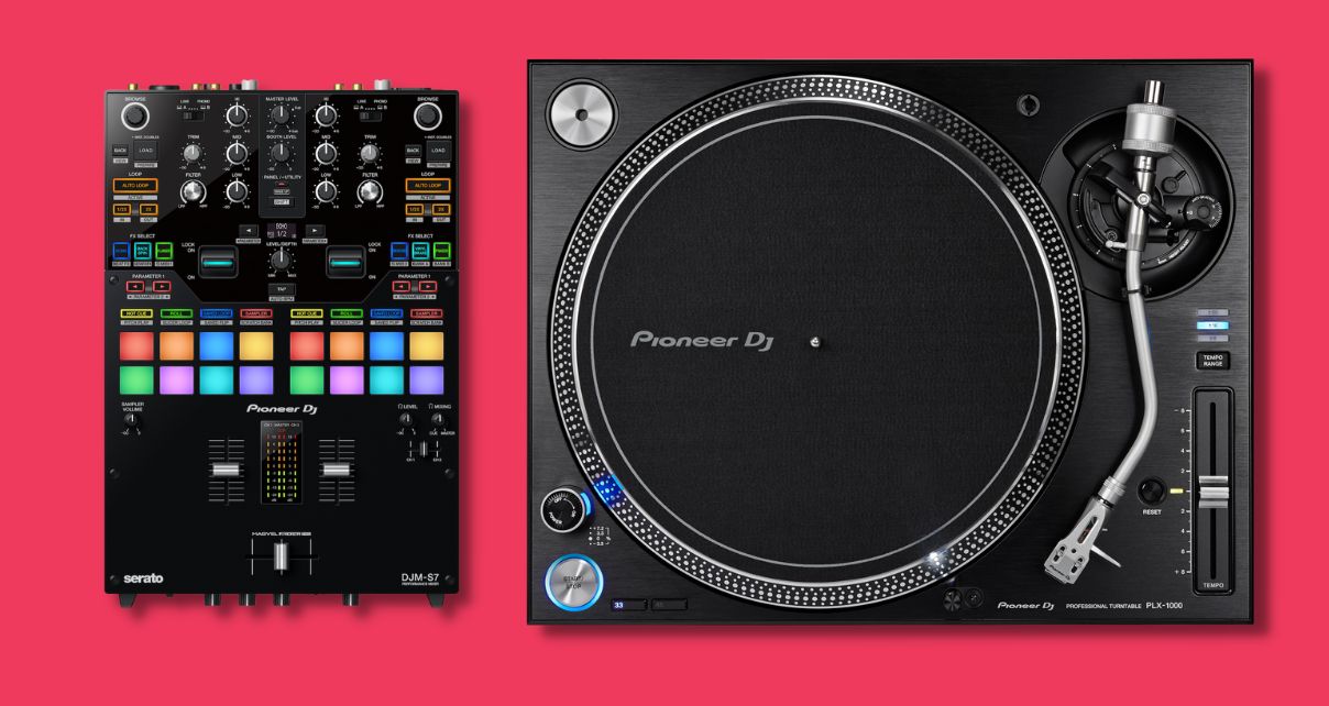 Top view of Pioneer DJ DJM-S7 mixer on the left and PLX-1000 turntables on the right with a red background