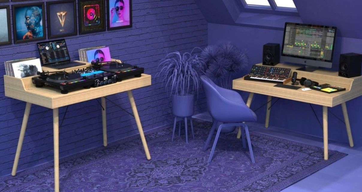 DJ and music production studio featuring two desks in the standing and sitting position