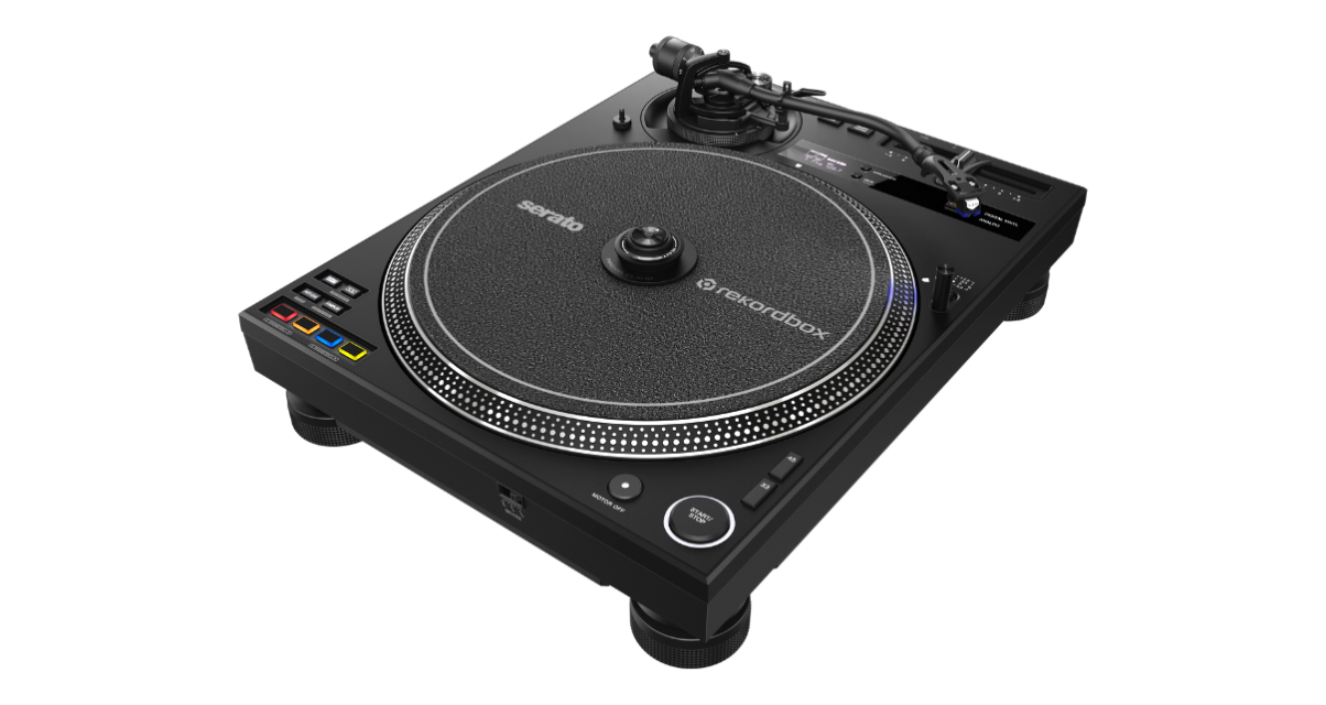 Top angled view of a black Pioneer DJ PLX-CRSS12 controller turntable on a white background